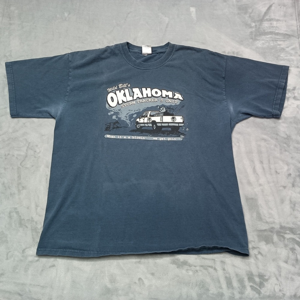 VTG Wild Bills Oklahoma Storm Tracker's Unit Shirt Mens XL Blue Short Sleeve Tee
